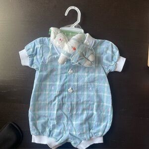 NWT Vintage Boys Good Lad Easter Blue Plaid Romper 3-6 Month w/ Toy Bunny Rabbit